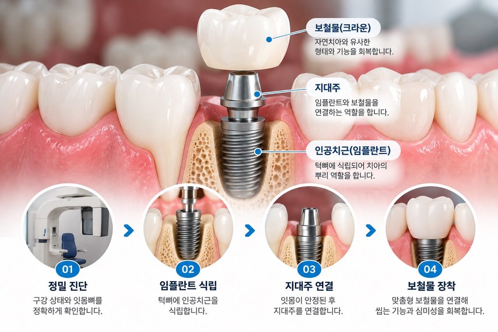 임플란트의 인공치근과 지대주, 보철물 구조 및 시술 과정 안내